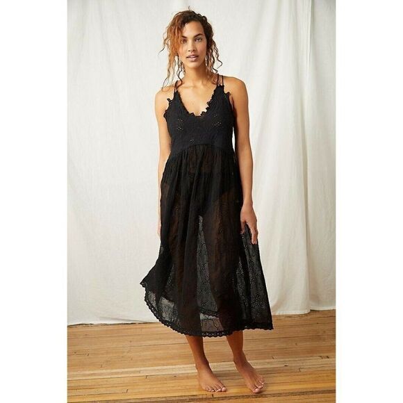 Free People Dresses & Skirts - NEW FREE PEOPLE Sz M EMBROIDERED DOLLY SLIP EYELET MIDI SLIP DRESS BLACK